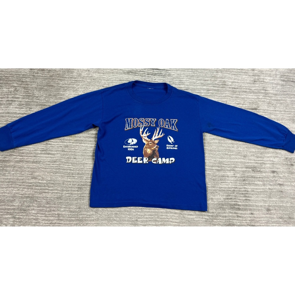 Mossy‎ Oak Long Sleeve T-Shirt Kids Blue Deer Camp Hunting Graphic Tee Buck